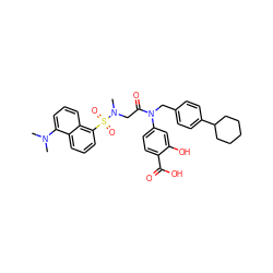 CN(C)c1cccc2c(S(=O)(=O)N(C)CC(=O)N(Cc3ccc(C4CCCCC4)cc3)c3ccc(C(=O)O)c(O)c3)cccc12 ZINC000072117166