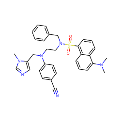 CN(C)c1cccc2c(S(=O)(=O)N(CCN(Cc3cncn3C)c3ccc(C#N)cc3)Cc3ccccc3)cccc12 ZINC000014952277