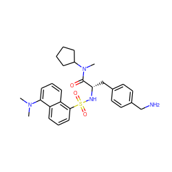 CN(C)c1cccc2c(S(=O)(=O)N[C@@H](Cc3ccc(CN)cc3)C(=O)N(C)C3CCCC3)cccc12 ZINC000026575726