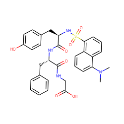 CN(C)c1cccc2c(S(=O)(=O)N[C@H](Cc3ccc(O)cc3)C(=O)N[C@@H](Cc3ccccc3)C(=O)NCC(=O)O)cccc12 ZINC000027518002