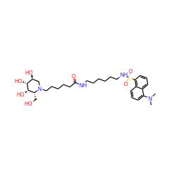 CN(C)c1cccc2c(S(=O)(=O)NCCCCCCNC(=O)CCCCCN3C[C@H](O)[C@@H](O)[C@@H](O)[C@H]3CO)cccc12 ZINC000073161173