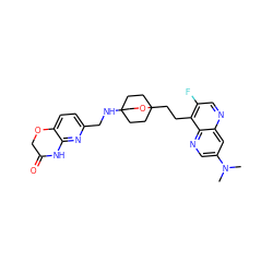 CN(C)c1cnc2c(CCC34CCC(NCc5ccc6c(n5)NC(=O)CO6)(CC3)CO4)c(F)cnc2c1 ZINC000299865743