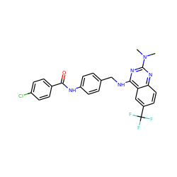 CN(C)c1nc(NCc2ccc(NC(=O)c3ccc(Cl)cc3)cc2)c2cc(C(F)(F)F)ccc2n1 ZINC000145083251