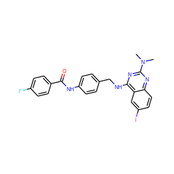 CN(C)c1nc(NCc2ccc(NC(=O)c3ccc(F)cc3)cc2)c2cc(I)ccc2n1 ZINC000142203185