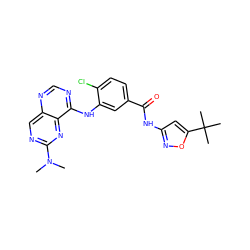 CN(C)c1ncc2ncnc(Nc3cc(C(=O)Nc4cc(C(C)(C)C)on4)ccc3Cl)c2n1 ZINC000148084304