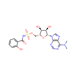 CN(C)c1ncnc2c1ncn2[C@@H]1O[C@H](COS(=O)(=O)NC(=O)c2ccccc2O)[C@@H](O)[C@H]1O ZINC000040833981