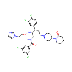 CN(C/C(=N\OCCn1ccnc1)[C@@H](CCN1CCC(N2CCCCC2=O)CC1)c1ccc(Cl)c(Cl)c1)C(=O)c1cc(Cl)cc(Cl)c1 ZINC000027888721