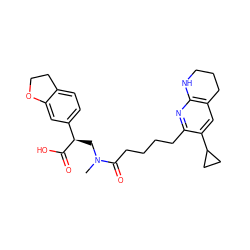 CN(C[C@@H](C(=O)O)c1ccc2c(c1)OCC2)C(=O)CCCCc1nc2c(cc1C1CC1)CCCN2 ZINC000013860638