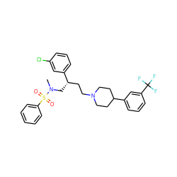 CN(C[C@@H](CCN1CCC(c2cccc(C(F)(F)F)c2)CC1)c1cccc(Cl)c1)S(=O)(=O)c1ccccc1 ZINC000026501173