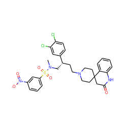 CN(C[C@@H](CCN1CCC2(CC1)CC(=O)Nc1ccccc12)c1ccc(Cl)c(Cl)c1)S(=O)(=O)c1cccc([N+](=O)[O-])c1 ZINC000150607863