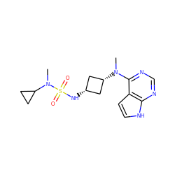 CN(C1CC1)S(=O)(=O)N[C@H]1C[C@@H](N(C)c2ncnc3[nH]ccc23)C1 ZINC001772615959