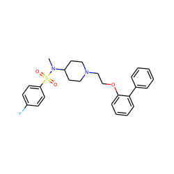 CN(C1CCN(CCOc2ccccc2-c2ccccc2)CC1)S(=O)(=O)c1ccc(F)cc1 ZINC000653806293