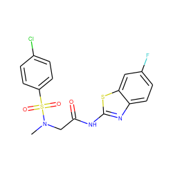 CN(CC(=O)Nc1nc2ccc(F)cc2s1)S(=O)(=O)c1ccc(Cl)cc1 ZINC000002630702