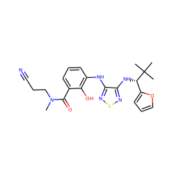 CN(CCC#N)C(=O)c1cccc(Nc2nsnc2N[C@@H](c2ccco2)C(C)(C)C)c1O ZINC000040866577