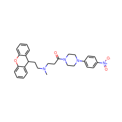 CN(CCC(=O)N1CCN(c2ccc([N+](=O)[O-])cc2)CC1)CCC1c2ccccc2Oc2ccccc21 ZINC000040866837