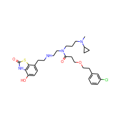 CN(CCCN(CCNCCc1ccc(O)c2[nH]c(=O)sc12)C(=O)CCOCCc1cccc(Cl)c1)C1CC1 ZINC000169346897