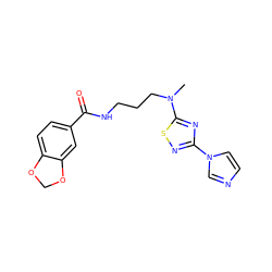 CN(CCCNC(=O)c1ccc2c(c1)OCO2)c1nc(-n2ccnc2)ns1 ZINC000035931932