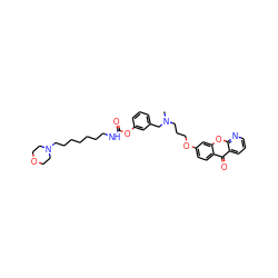 CN(CCCOc1ccc2c(=O)c3cccnc3oc2c1)Cc1cccc(OC(=O)NCCCCCCCN2CCOCC2)c1 ZINC000084758869