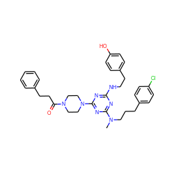 CN(CCCc1ccc(Cl)cc1)c1nc(NCCc2ccc(O)cc2)nc(N2CCN(C(=O)CCc3ccccc3)CC2)n1 ZINC000027628054