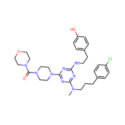 CN(CCCc1ccc(Cl)cc1)c1nc(NCCc2ccc(O)cc2)nc(N2CCN(C(=O)N3CCOCC3)CC2)n1 ZINC000027635136