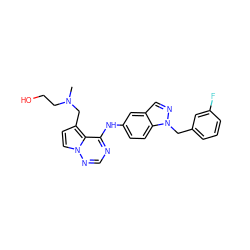 CN(CCO)Cc1ccn2ncnc(Nc3ccc4c(cnn4Cc4cccc(F)c4)c3)c12 ZINC000028817122