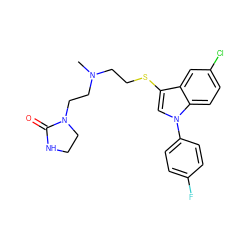 CN(CCSc1cn(-c2ccc(F)cc2)c2ccc(Cl)cc12)CCN1CCNC1=O ZINC000013758624