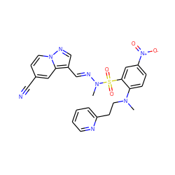 CN(CCc1ccccn1)c1ccc([N+](=O)[O-])cc1S(=O)(=O)N(C)/N=C/c1cnn2ccc(C#N)cc12 ZINC001772598386