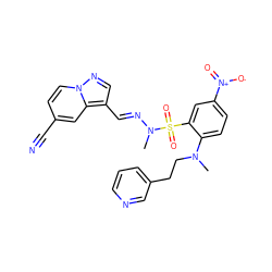 CN(CCc1cccnc1)c1ccc([N+](=O)[O-])cc1S(=O)(=O)N(C)/N=C/c1cnn2ccc(C#N)cc12 ZINC001772576084