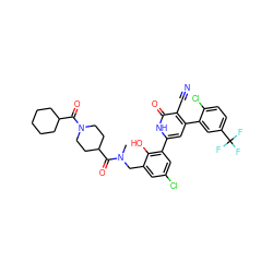 CN(Cc1cc(Cl)cc(-c2cc(-c3cc(C(F)(F)F)ccc3Cl)c(C#N)c(=O)[nH]2)c1O)C(=O)C1CCN(C(=O)C2CCCCC2)CC1 ZINC000028821590