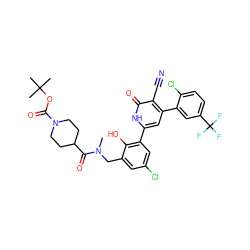 CN(Cc1cc(Cl)cc(-c2cc(-c3cc(C(F)(F)F)ccc3Cl)c(C#N)c(=O)[nH]2)c1O)C(=O)C1CCN(C(=O)OC(C)(C)C)CC1 ZINC000028821585