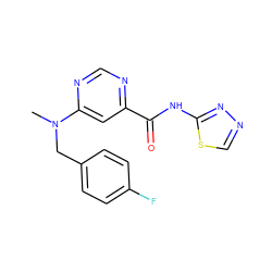 CN(Cc1ccc(F)cc1)c1cc(C(=O)Nc2nncs2)ncn1 ZINC001772629063