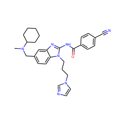 CN(Cc1ccc2c(c1)nc(NC(=O)c1ccc(C#N)cc1)n2CCCn1ccnc1)C1CCCCC1 ZINC000045497361