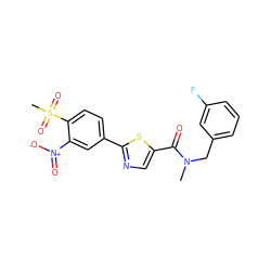 CN(Cc1cccc(F)c1)C(=O)c1cnc(-c2ccc(S(C)(=O)=O)c([N+](=O)[O-])c2)s1 ZINC000084723992