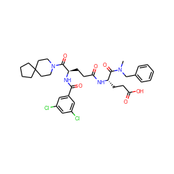 CN(Cc1ccccc1)C(=O)[C@H](CCC(=O)O)NC(=O)CC[C@@H](NC(=O)c1cc(Cl)cc(Cl)c1)C(=O)N1CCC2(CCCC2)CC1 ZINC000029215294