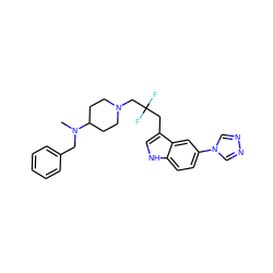 CN(Cc1ccccc1)C1CCN(CC(F)(F)Cc2c[nH]c3ccc(-n4cnnc4)cc23)CC1 ZINC000026189465