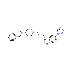 CN(Cc1ccccc1)C1CCN(CCCc2c[nH]c3ccc(-n4cnnc4)cc23)CC1 ZINC000013557016