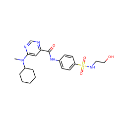 CN(c1cc(C(=O)Nc2ccc(S(=O)(=O)NCCO)cc2)ncn1)C1CCCCC1 ZINC000143946885