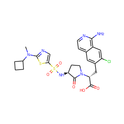 CN(c1ncc(S(=O)(=O)N[C@H]2CCN([C@H](Cc3cc4ccnc(N)c4cc3Cl)C(=O)O)C2=O)s1)C1CCC1 ZINC000142612151