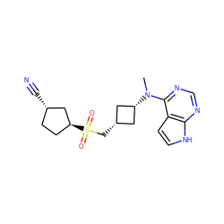 CN(c1ncnc2[nH]ccc12)[C@H]1C[C@@H](CS(=O)(=O)[C@H]2CC[C@H](C#N)C2)C1 ZINC000261108217