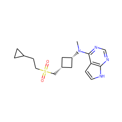 CN(c1ncnc2[nH]ccc12)[C@H]1C[C@@H](CS(=O)(=O)CCC2CC2)C1 ZINC000261076026