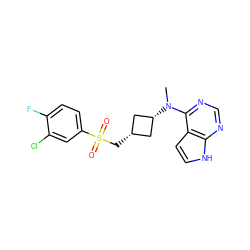 CN(c1ncnc2[nH]ccc12)[C@H]1C[C@@H](CS(=O)(=O)c2ccc(F)c(Cl)c2)C1 ZINC000261172691