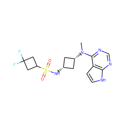 CN(c1ncnc2[nH]ccc12)[C@H]1C[C@@H](NS(=O)(=O)C2CC(F)(F)C2)C1 ZINC000261173586