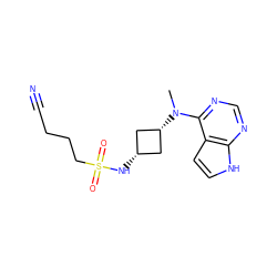 CN(c1ncnc2[nH]ccc12)[C@H]1C[C@@H](NS(=O)(=O)CCCC#N)C1 ZINC001772599707