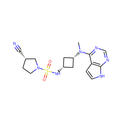 CN(c1ncnc2[nH]ccc12)[C@H]1C[C@@H](NS(=O)(=O)N2CC[C@H](C#N)C2)C1 ZINC000261176406