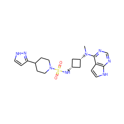 CN(c1ncnc2[nH]ccc12)[C@H]1C[C@@H](NS(=O)(=O)N2CCC(c3cc[nH]n3)CC2)C1 ZINC000261158012