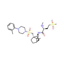 CN[C@@H](CCS(C)(=O)=O)C(=O)N[C@H]1C[C@H]2CC[C@]1(CS(=O)(=O)N1CCN(c3ccccc3C)CC1)C2(C)C ZINC000027639831