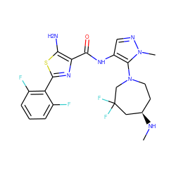 CN[C@@H]1CCN(c2c(NC(=O)c3nc(-c4c(F)cccc4F)sc3N)cnn2C)CC(F)(F)C1 ZINC000169699453