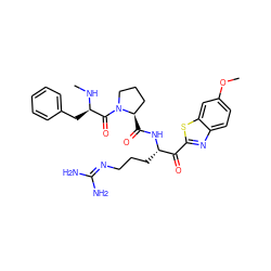 CN[C@H](Cc1ccccc1)C(=O)N1CCC[C@H]1C(=O)N[C@@H](CCCN=C(N)N)C(=O)c1nc2ccc(OC)cc2s1 ZINC000014954695