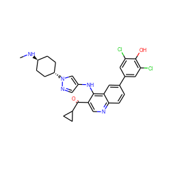 CN[C@H]1CC[C@H](n2cc(Nc3c(C(=O)C4CC4)cnc4ccc(-c5cc(Cl)c(O)c(Cl)c5)cc34)cn2)CC1 ZINC000473165333