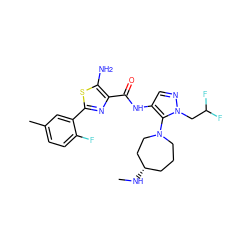 CN[C@H]1CCCN(c2c(NC(=O)c3nc(-c4cc(C)ccc4F)sc3N)cnn2CC(F)F)CC1 ZINC000169699288